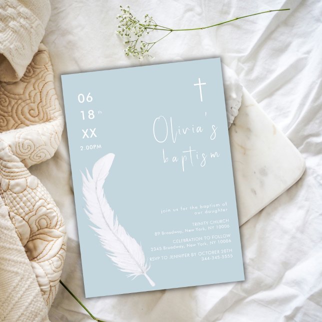Invitation Aquarelle Bleu Blanc Plumes Croix Baptême (Blue White Watercolor Feather Cross Baptism Invitation)