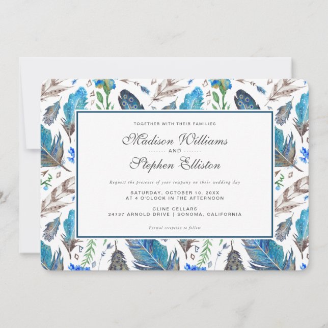 Invitation Aquarelle bleu Boho Aztec - Mariage (Devant)