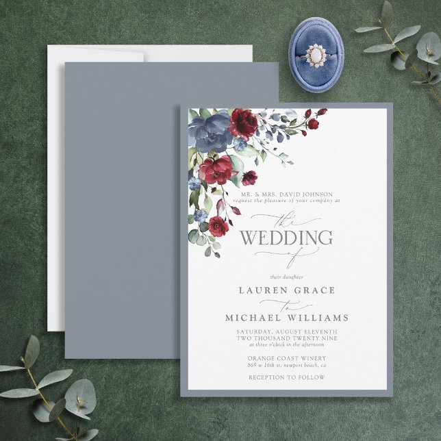 Invitation Aquarelle bleu-bordeaux formelle Floral Invit (Créateur téléchargé)