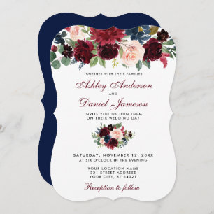 Invitation Aquarelle bleu Bourgogne Floral Elégant Mariage B