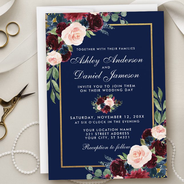 Invitation Aquarelle bleu Bourgogne Floral Mariage or (Customize to change text style, add text & photos to back or change color of back of card.)