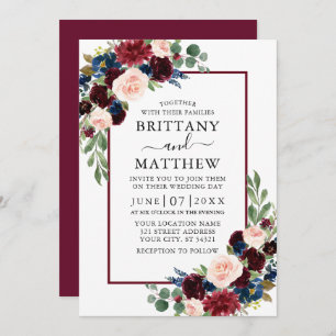 Invitation Aquarelle bleu Bourgogne Mariage floral mixte