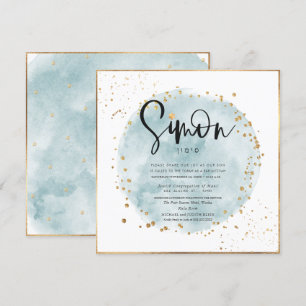 Invitation Aquarelle bleu brossé or Confetti Bar Mitzvah