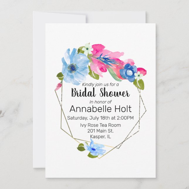 Invitation Aquarelle Bleu chaud rose chaud Floral Or Frame (Devant)