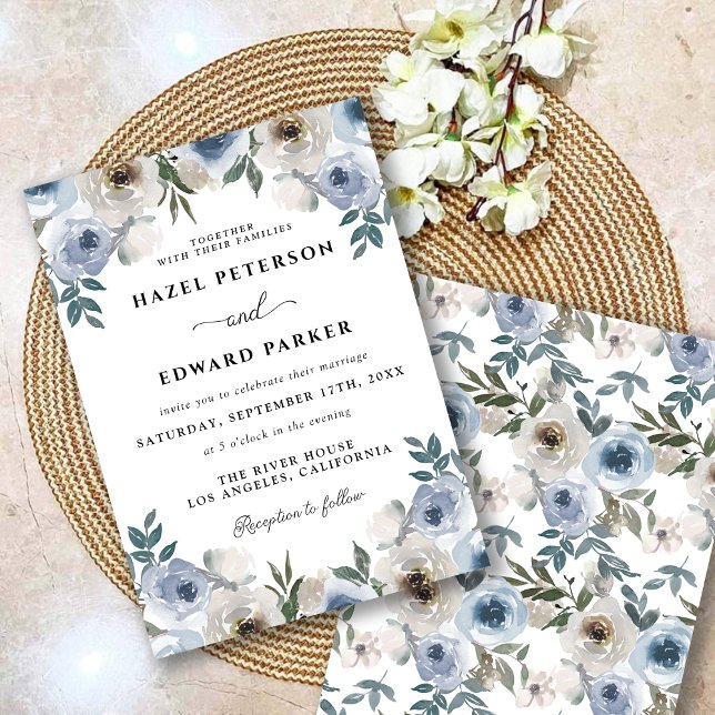 Invitation Aquarelle bleu clair classique Mariage floral (Classic Dusty Blue Watercolor Floral Wedding Invitation)