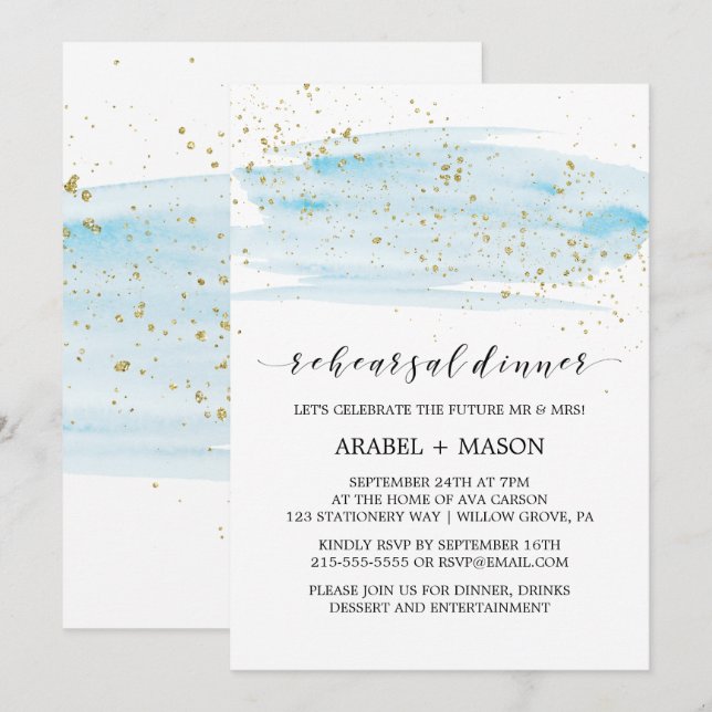 Invitation Aquarelle Bleu clair et Dîner de répétition d'or (Devant / Derrière)