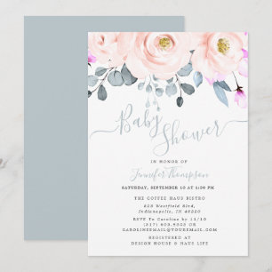 Invitation Aquarelle bleu clair et poussiéreux Baby shower fl