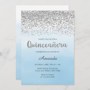 Invitation Aquarelle Bleu clair et Silver Glam Quinceañera