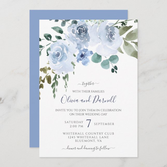 Invitation Aquarelle bleu clair Mariage floral I (Devant / Derrière)