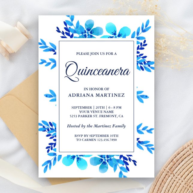Invitation Aquarelle bleu clair moderne Quinceanera (Créateur téléchargé)