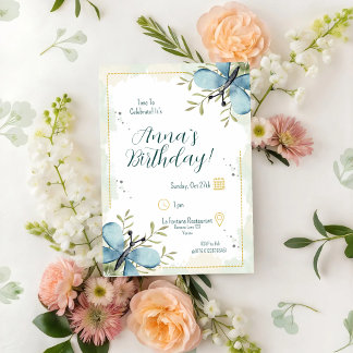 Invitation Aquarelle Bleu clair Papillon Anniversaire