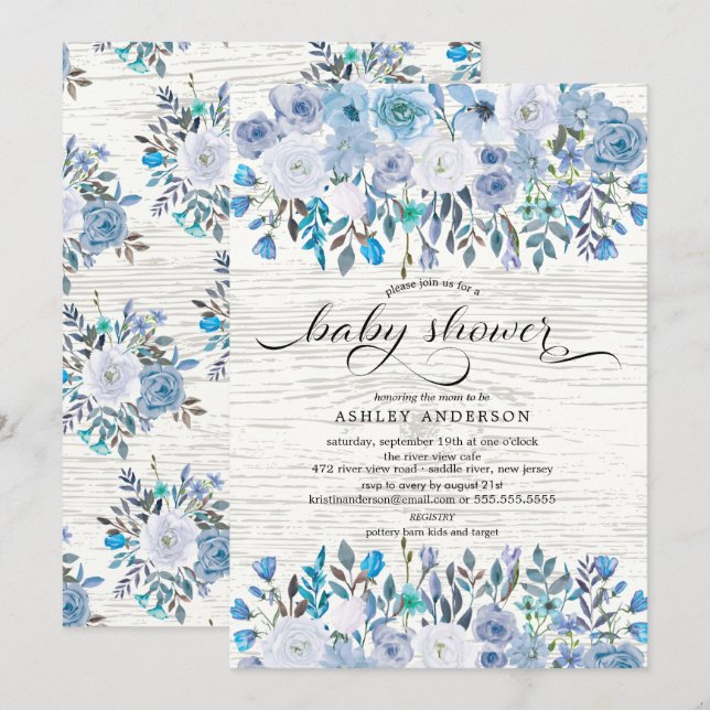 Invitation Aquarelle bleu clair rustique Baby shower Floral (Devant / Derrière)