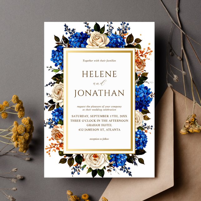 Invitation Aquarelle bleu Cobalt Floral Mariage élégant (Cobalt Blue Watercolor Floral Elegant Wedding Invitation)