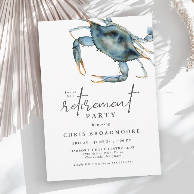 Invitation Aquarelle Bleu Crabe Parti de la retraite des prod (Available as printed and paperless digital download!)