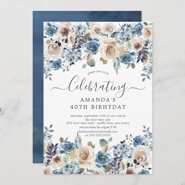 Invitation Aquarelle Bleu & Crème Fleur fête d'anniversaire (Devant / Derrière)
