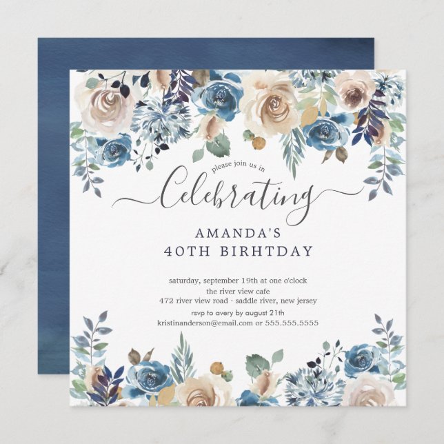 Invitation Aquarelle Bleu & Crème Floral Anniversaire Invi (Devant / Derrière)