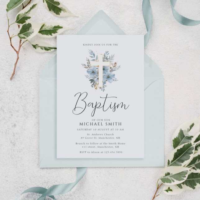 Invitation aquarelle bleu croix florale baptême (Créateur téléchargé)