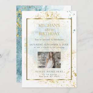 Invitation Aquarelle bleu Denim Anniversaire Age Photo Cadre