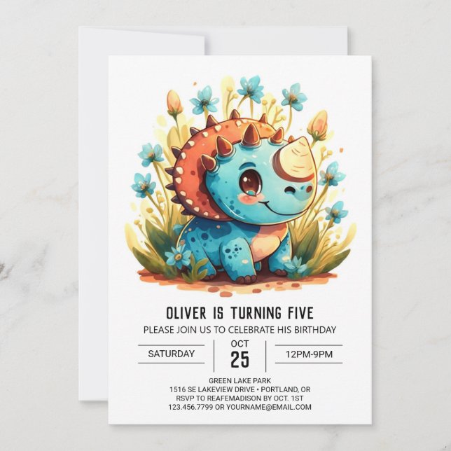 Invitation Aquarelle bleu Dinosaur Garçon Anniversaire (Devant)