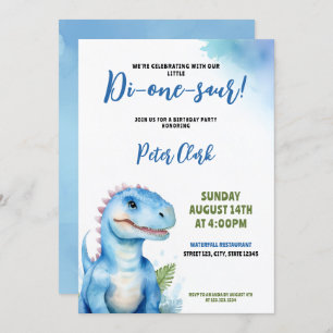 Invitation Aquarelle Bleu Dinosaure Bébé Garçon 1er anniversa