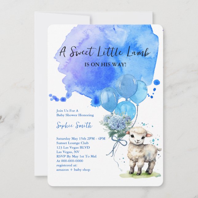 Invitation Aquarelle bleu doux Baby shower d'agneau (Devant)