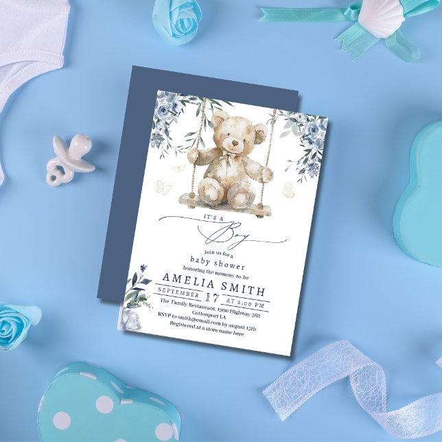 Invitation Aquarelle bleu doux Baby shower garçon en peluche (Créateur téléchargé)