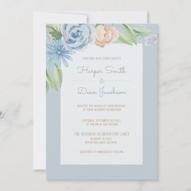 Invitation Aquarelle bleu doux Mariage floral esquissé (Devant)
