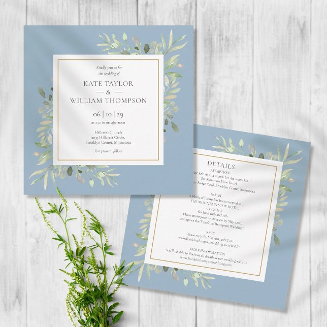 Invitation Aquarelle bleu Duisy Verdure Tout en un Mariage (Créateur téléchargé)