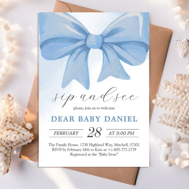 Invitation Aquarelle bleu Dusty Baby shower Bow Sip et voir (Dusty Blue Watercolor Bow Baby Shower Sip and See Invitation)