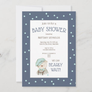 Invitation Aquarelle bleu Dusty Baby shower Ours de bois