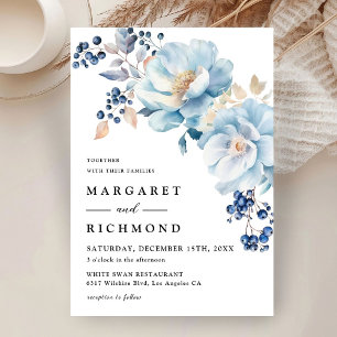 Invitation Aquarelle bleu Dusty Berry Floral Mariage d'hiver