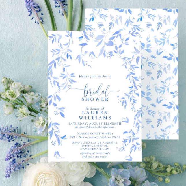 Invitation Aquarelle bleu Dusty Fête des mariées de script Fl (Créateur téléchargé)