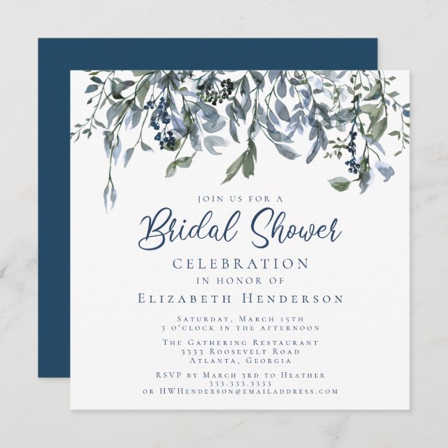 Invitation Aquarelle bleu Dusty Fête des mariées florale (Devant / Derrière)