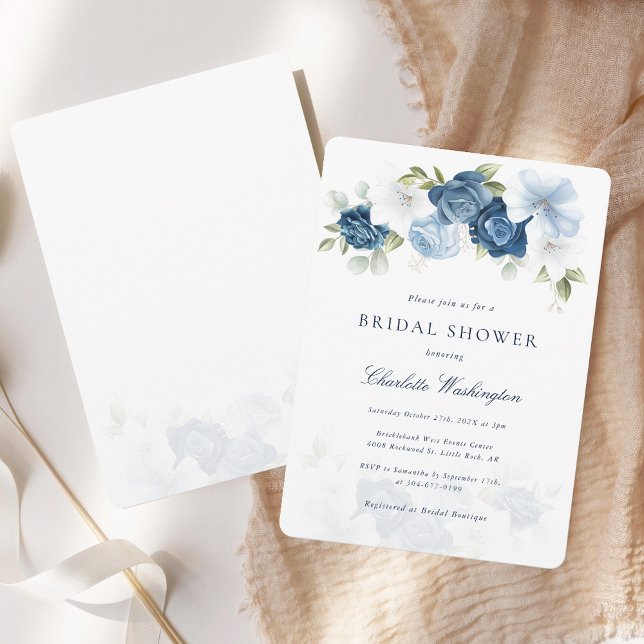 Invitation Aquarelle bleu Dusty Fête des mariées florale (Dusty Blue Floral Elegant Bridal Shower Invitation)