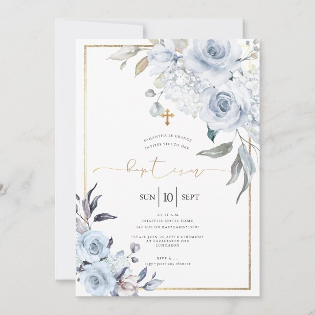 Invitation Aquarelle bleu Dusty Fleurs Baptême (Devant)