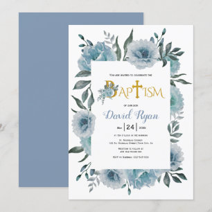 Invitation Aquarelle bleu Dusty fleurs garçon baptême floral