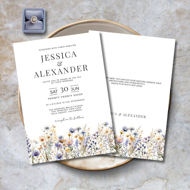 Invitation Aquarelle bleu Dusty Fleurs sauvages Mariage éléga (Dusty Blue Watercolor Wildflowers Elegant Wedding Invitation with Optional Text on Back for RSVP etc)