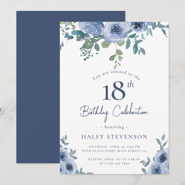 Invitation Aquarelle Bleu Dusty Floral 18e Anniversaire Chic (Devant / Derrière)
