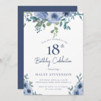 Aquarelle Bleu Dusty Floral 18e Anniversaire Chic