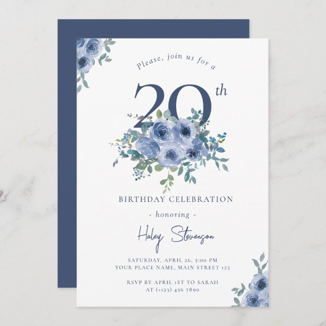 Invitation Aquarelle Bleu Dusty Floral 20e Anniversaire Chic  (Devant / Derrière)