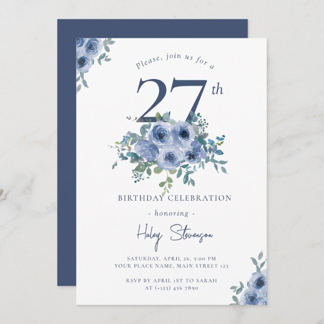 Invitation Aquarelle Bleu Dusty Floral 27e Anniversaire Chic (Devant / Derrière)