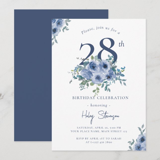 Invitation Aquarelle Bleu Dusty Floral 28e Anniversaire Chic (Devant / Derrière)