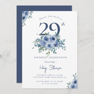 Invitation Aquarelle Bleu Dusty Floral 29e Anniversaire Chic