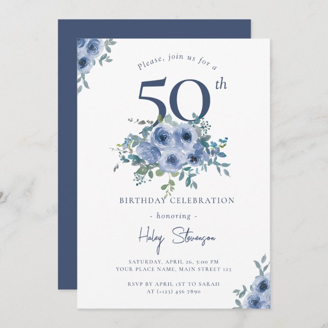 Invitation Aquarelle Bleu Dusty Floral 50e Anniversaire Chic (Devant / Derrière)