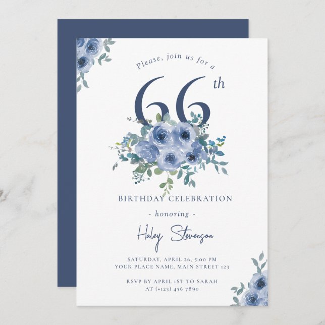 Invitation Aquarelle Bleu Dusty Floral 66e Anniversaire Chic (Devant / Derrière)