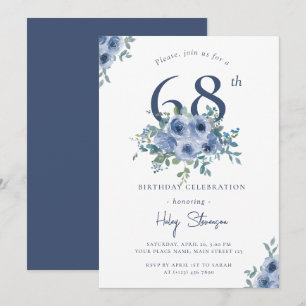Invitation Aquarelle Bleu Dusty Floral 68e Anniversaire Chic