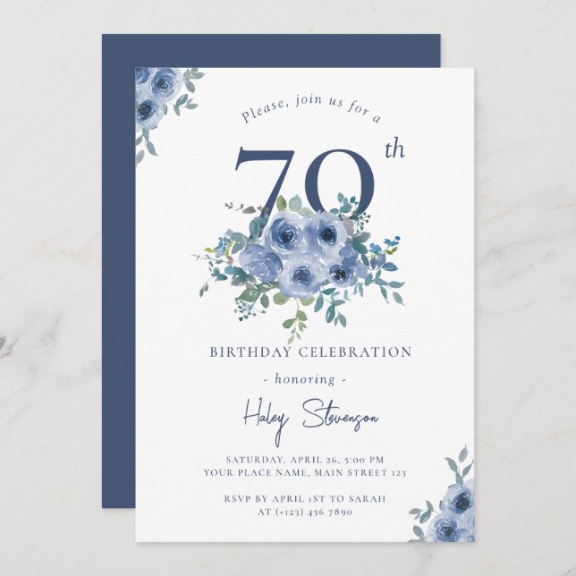 Invitation Aquarelle Bleu Dusty Floral 70e Anniversaire Chic (Devant / Derrière)