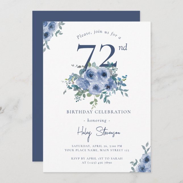 Invitation Aquarelle Bleu Dusty Floral 72e Anniversaire Chic (Devant / Derrière)