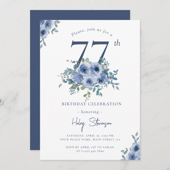 Invitation Aquarelle Bleu Dusty Floral 77e Anniversaire Chic (Devant / Derrière)