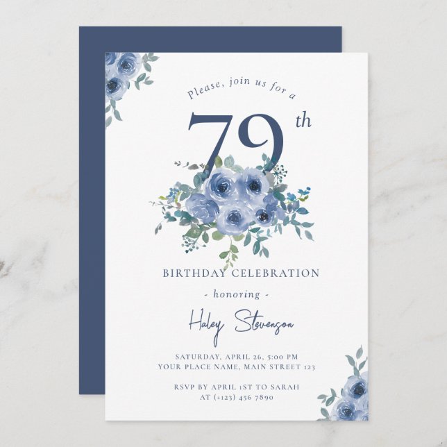 Invitation Aquarelle Bleu Dusty Floral 79e Anniversaire Chic (Devant / Derrière)
